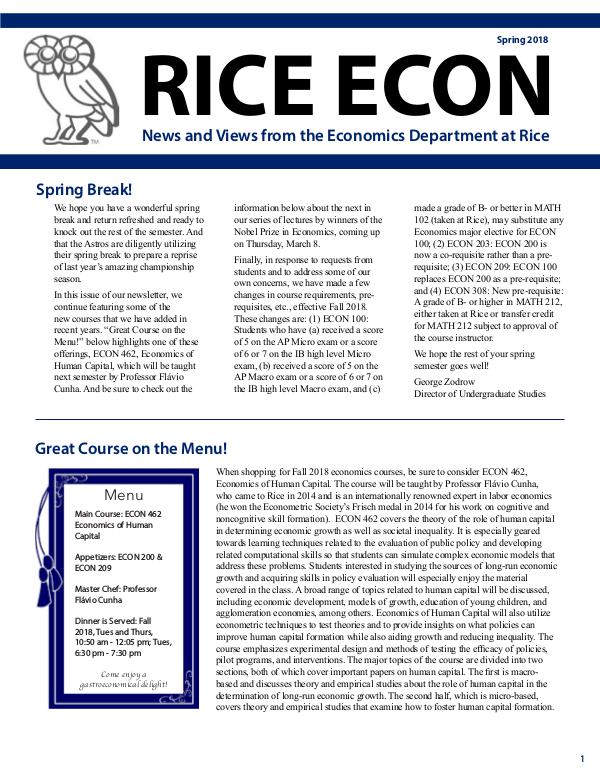 Rice Economics Spring 2018 Newsletter