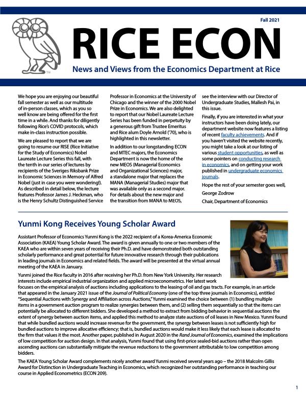 Rice Economics Fall 2021 Newsletter
