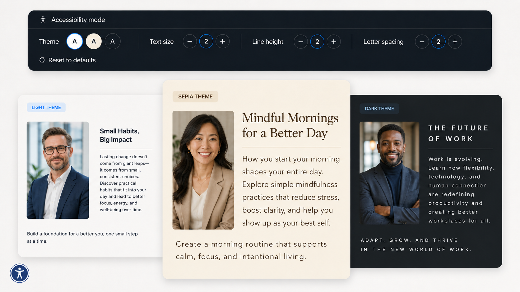 Typography controls showing theme selection and text size adjustment