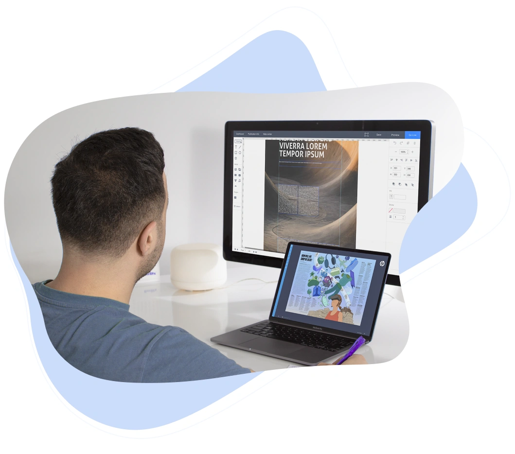 Designer working on a digital publication layout in Joomag