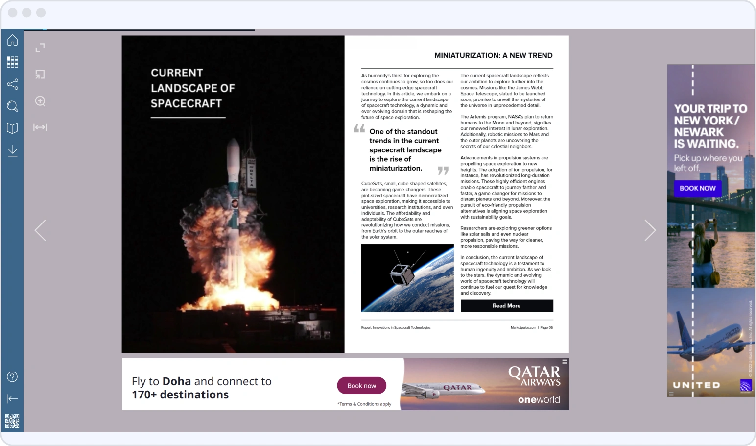 Third-party display ads from an ad network shown in sticky banner positions beside and below a digital magazine spread