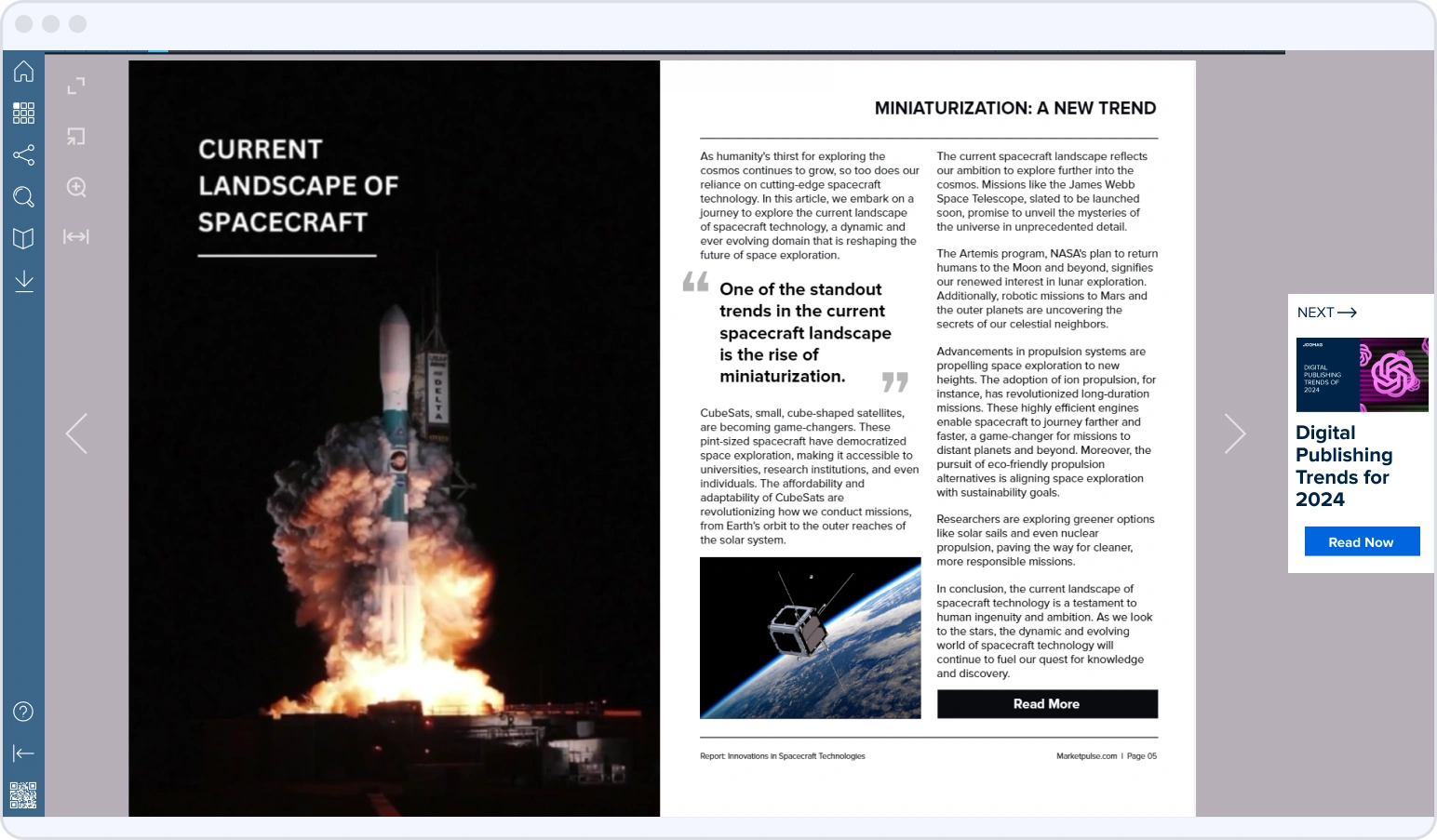 Recommended content banner suggesting the next article to read alongside a digital publication spread